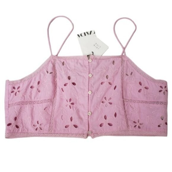 New Zara Pink Eyelet Cropped Tank Top Size Large Barbie Romantic Summer - Picture 12 of 12